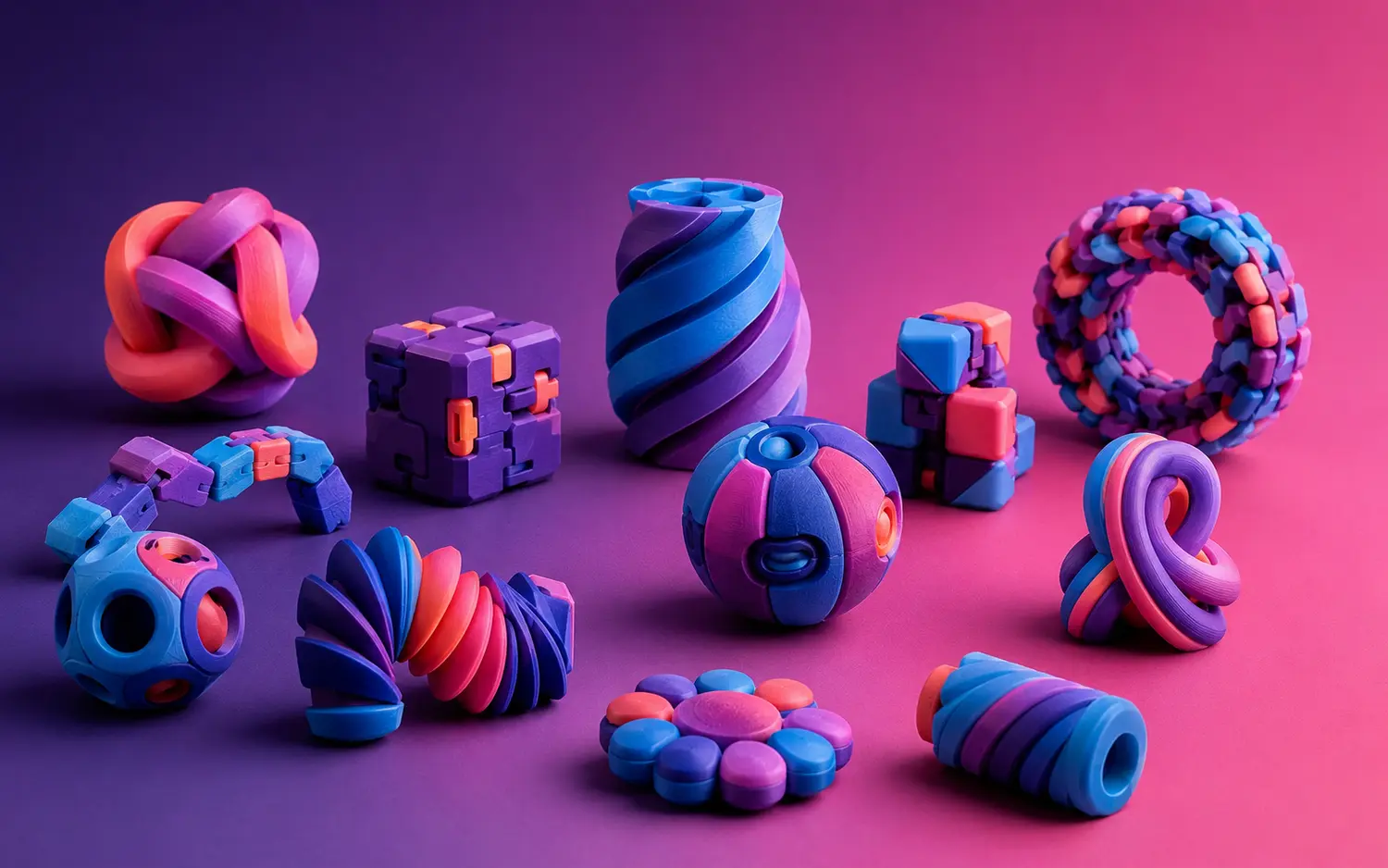 Colourful 3D printed products representing the Vivyd project